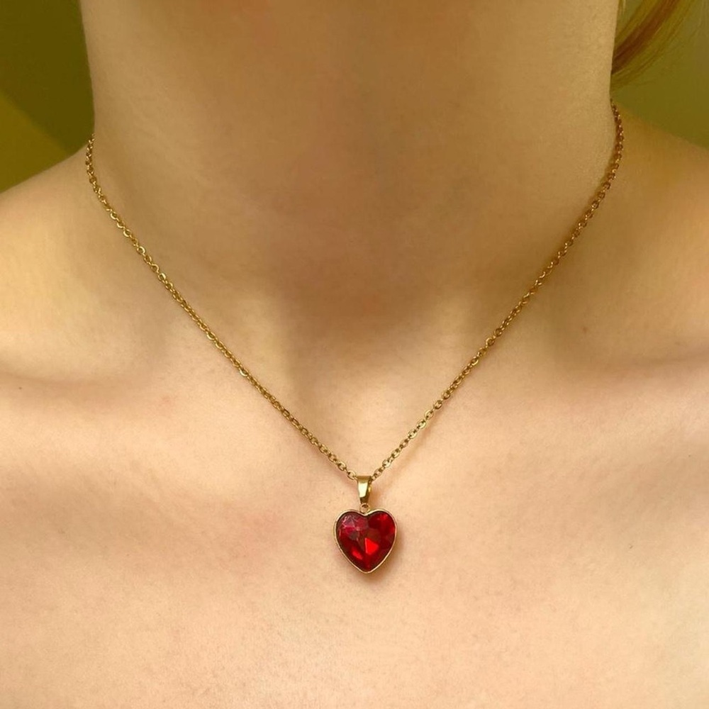 Gold Red Gemstone Heart Pendant Necklace